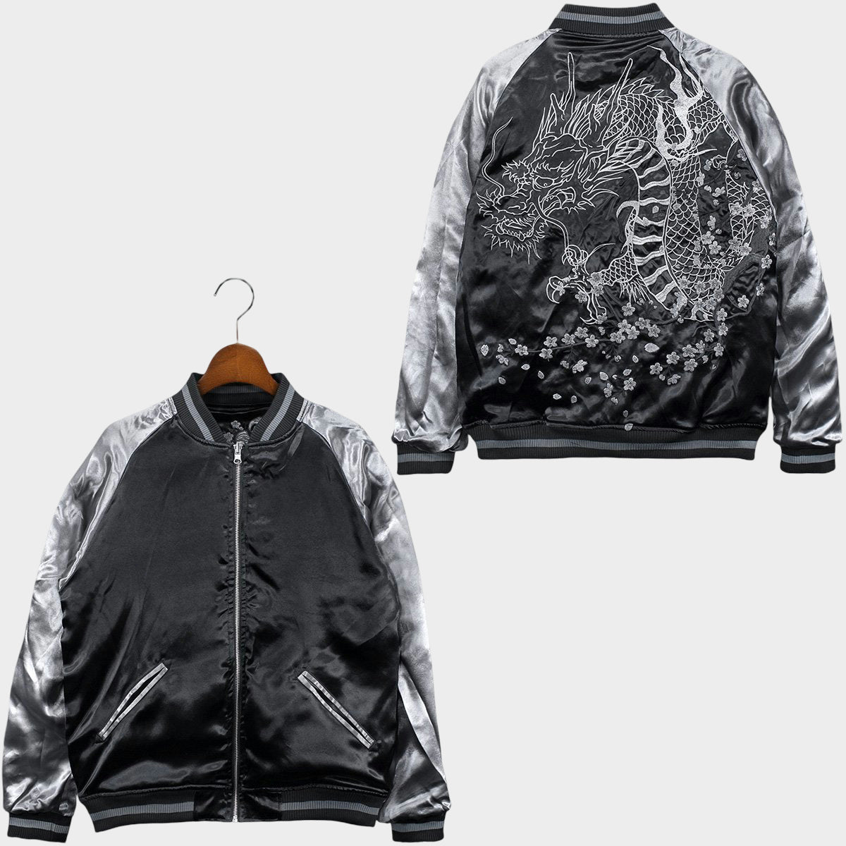 Karakuri Tamashii Dragon Sukajan Jacket Silver Black Monochrome Dragon Embroidered Reversible Satin Souvenir Jacket Japanese Streetwear XL