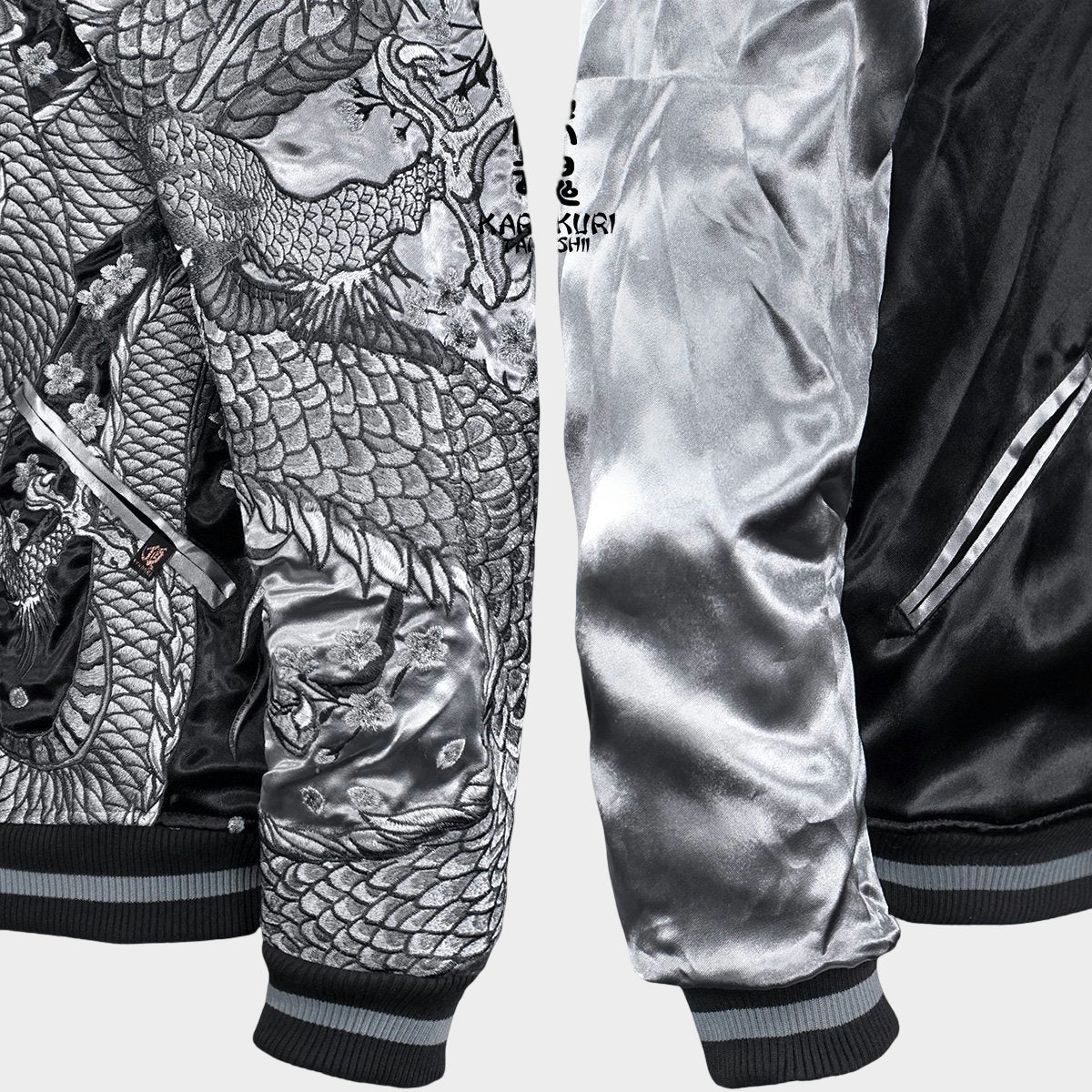 Karakuri Tamashii Dragon Sukajan Jacket Silver Black Monochrome Dragon Embroidered Reversible Satin Souvenir Jacket Japanese Streetwear XL