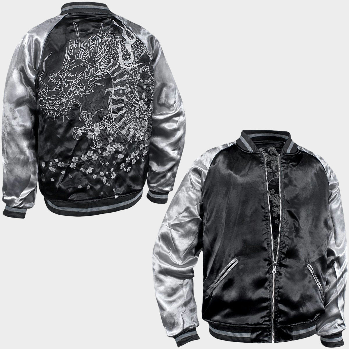 Karakuri Tamashii Dragon Sukajan Jacket Silver Black Monochrome Dragon Embroidered Reversible Satin Souvenir Jacket Japanese Streetwear XL