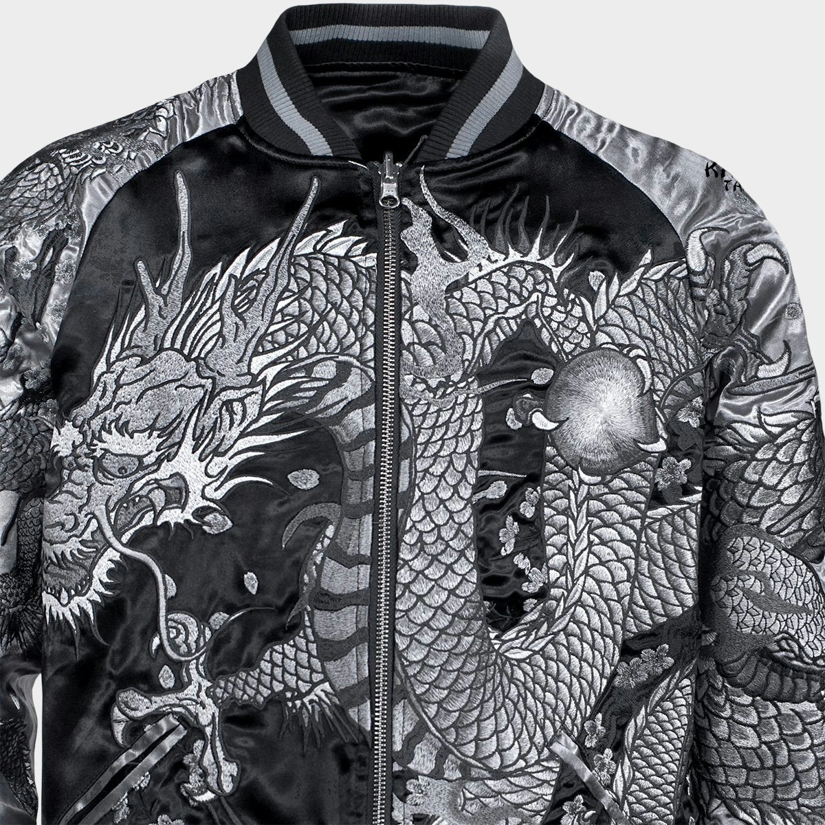 Karakuri Tamashii Dragon Sukajan Jacket Silver Black Monochrome Dragon Embroidered Reversible Satin Souvenir Jacket Japanese Streetwear XL