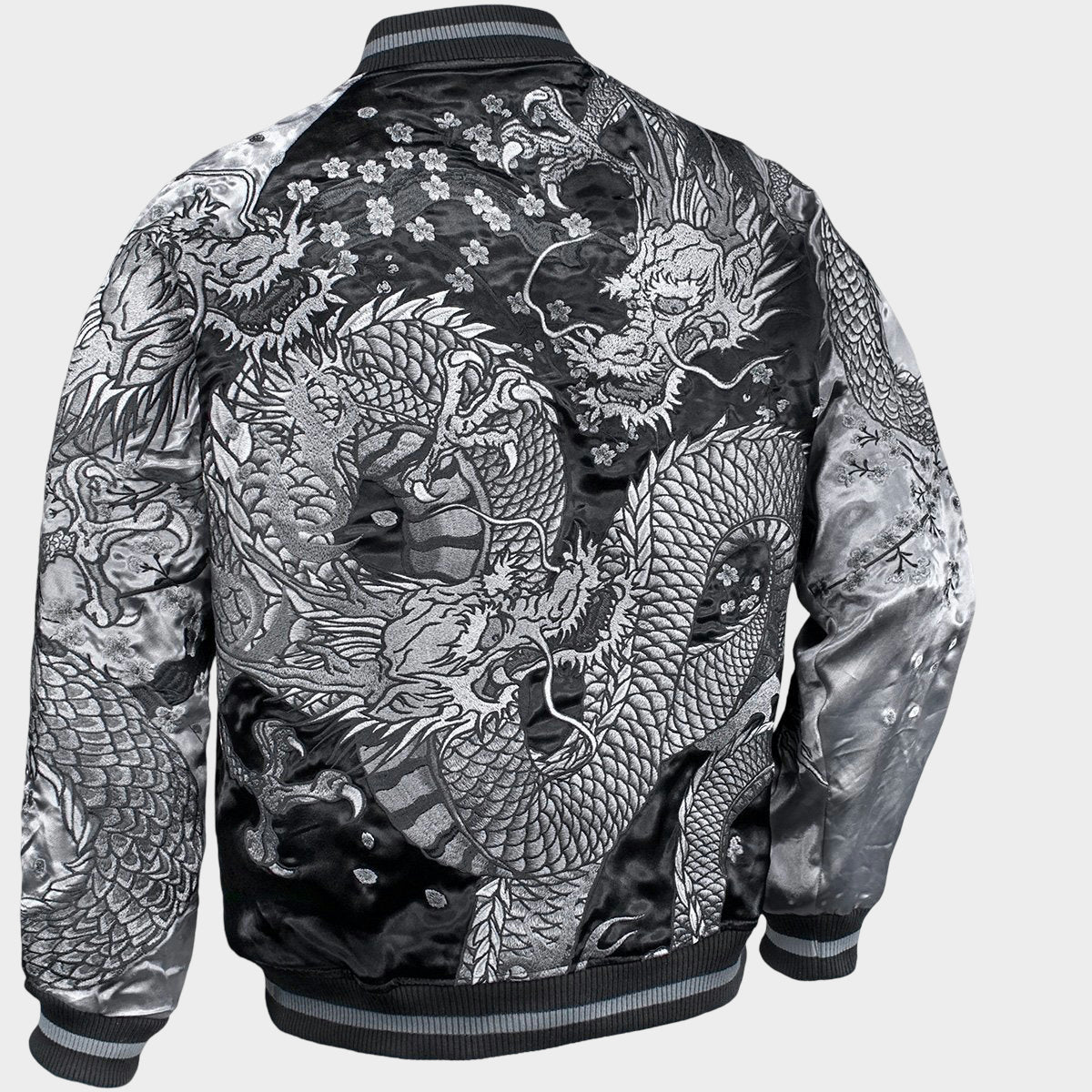 Karakuri Tamashii Dragon Sukajan Jacket Silver Black Monochrome Dragon Embroidered Reversible Satin Souvenir Jacket Japanese Streetwear XL