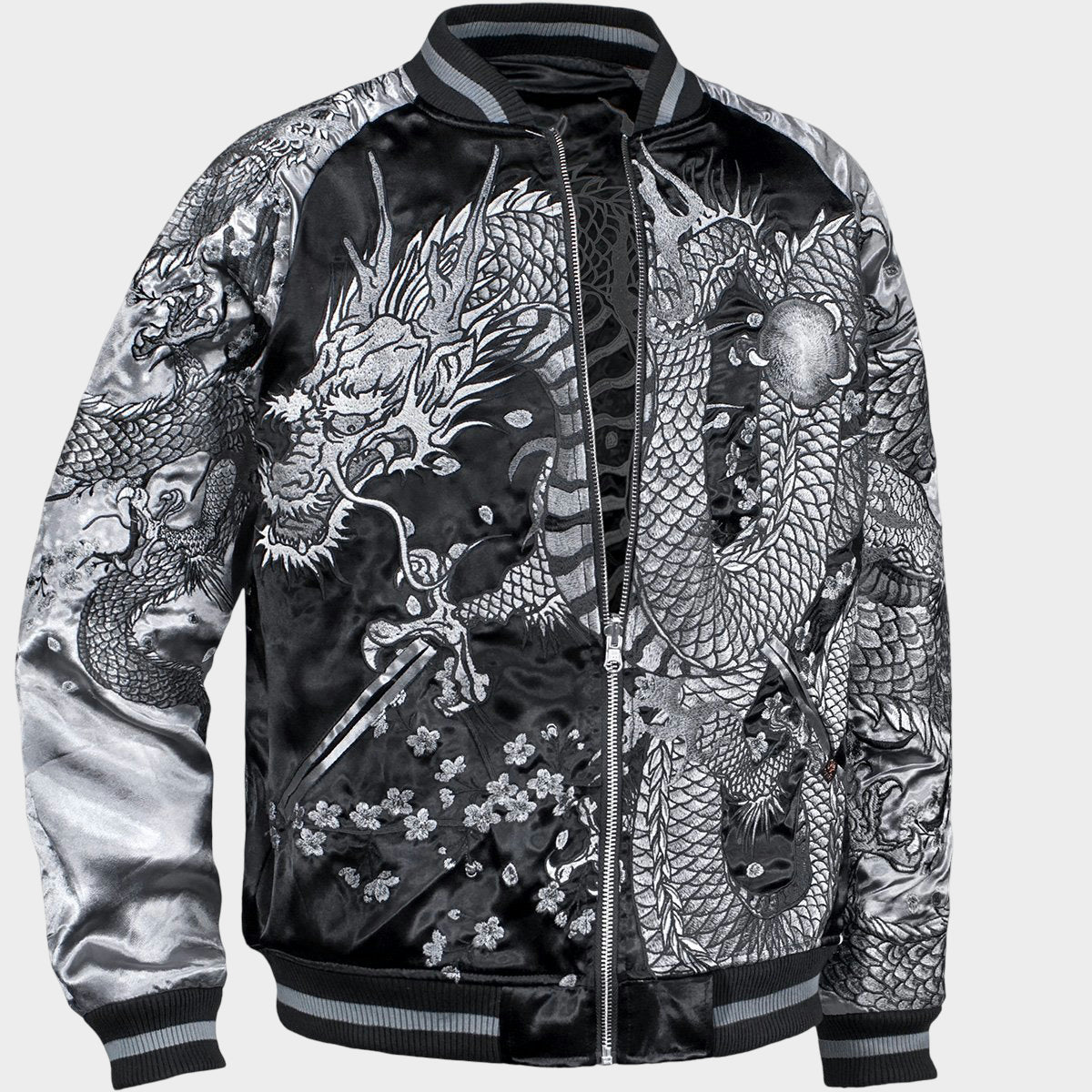 Karakuri Tamashii Dragon Sukajan Jacket Silver Black Monochrome Dragon Embroidered Reversible Satin Souvenir Jacket Japanese Streetwear XL
