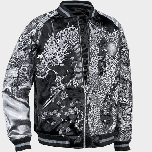 Karakuri Tamashii Dragon Sukajan Jacket Silver Black Monochrome Dragon Embroidered Reversible Satin Souvenir Jacket Japanese Streetwear XL