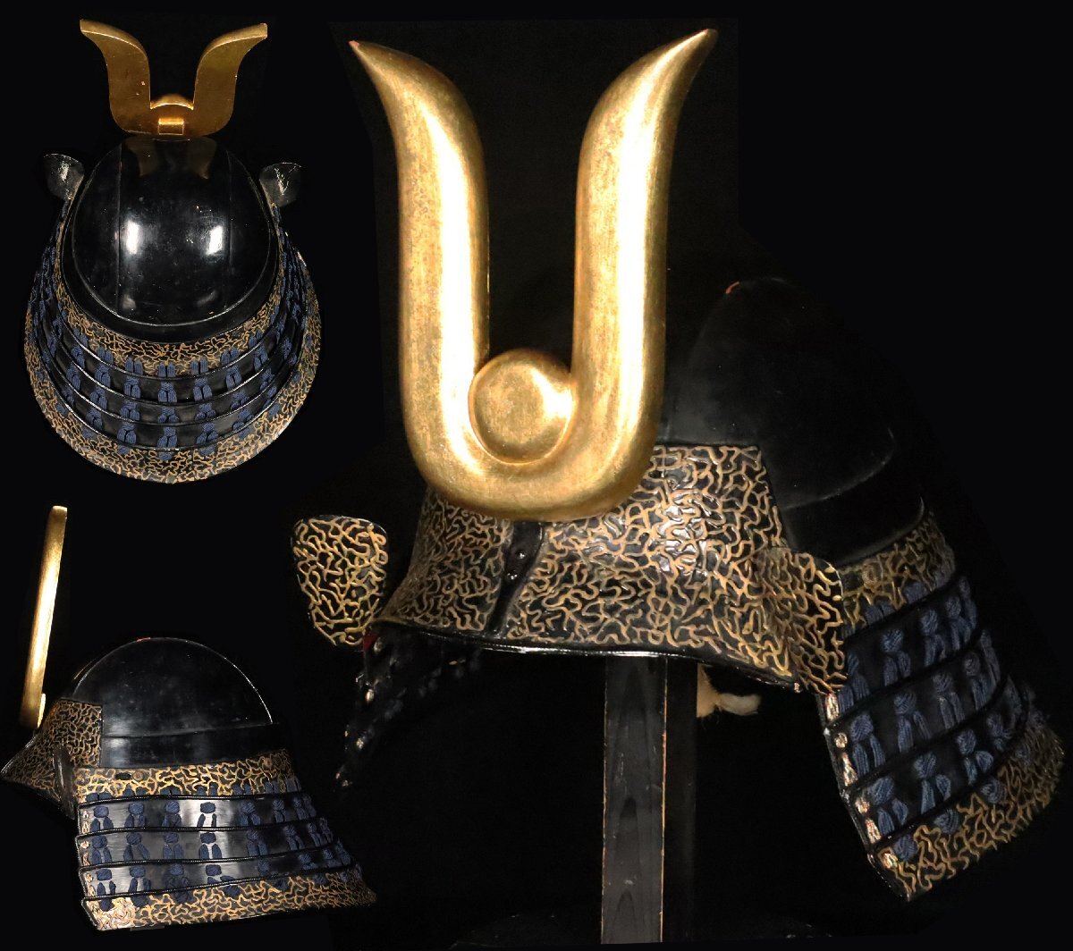 Edo-Period Honka Iron Kabuto | Black Lacquer Bowl | Carved Wooden Crest Set with Gilt “Kuwagata” Form | Samurai Helmet Artifact