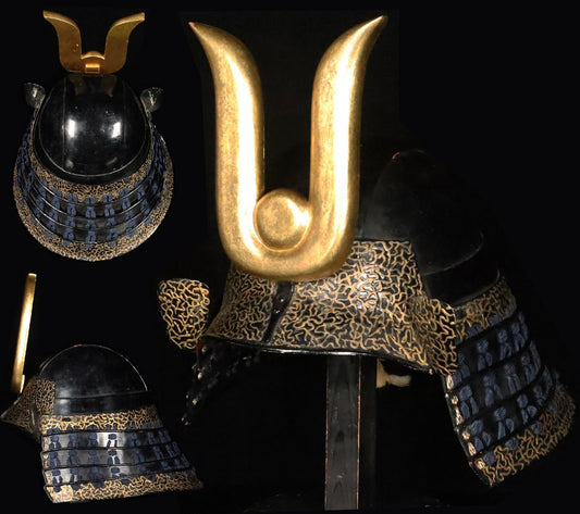 Edo-Period Honka Iron Kabuto | Black Lacquer Bowl | Carved Wooden Crest Set with Gilt “Kuwagata” Form | Samurai Helmet Artifact