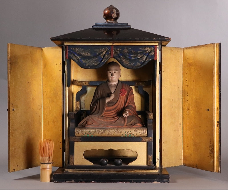 Kobo Daishi (Kukai) Seated Zushi Shrine — Polychrome Wood Portable Altar, Early-Modern Japan, Temple Provenance Style, 48cm Zushi Cabinet