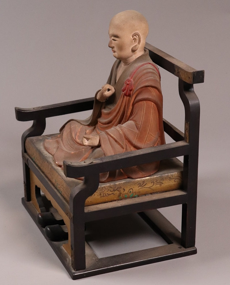 Kobo Daishi (Kukai) Seated Zushi Shrine — Polychrome Wood Portable Altar, Early-Modern Japan, Temple Provenance Style, 48cm Zushi Cabinet