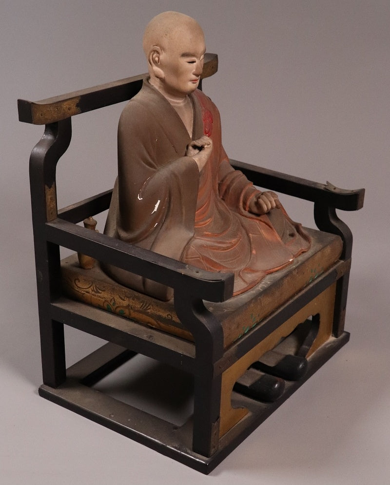 Kobo Daishi (Kukai) Seated Zushi Shrine — Polychrome Wood Portable Altar, Early-Modern Japan, Temple Provenance Style, 48cm Zushi Cabinet