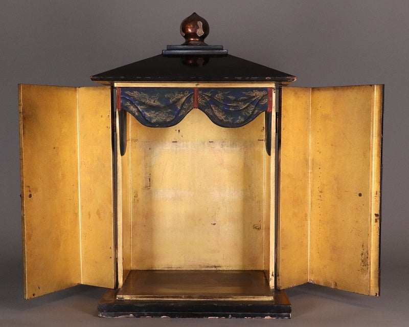 Kobo Daishi (Kukai) Seated Zushi Shrine — Polychrome Wood Portable Altar, Early-Modern Japan, Temple Provenance Style, 48cm Zushi Cabinet