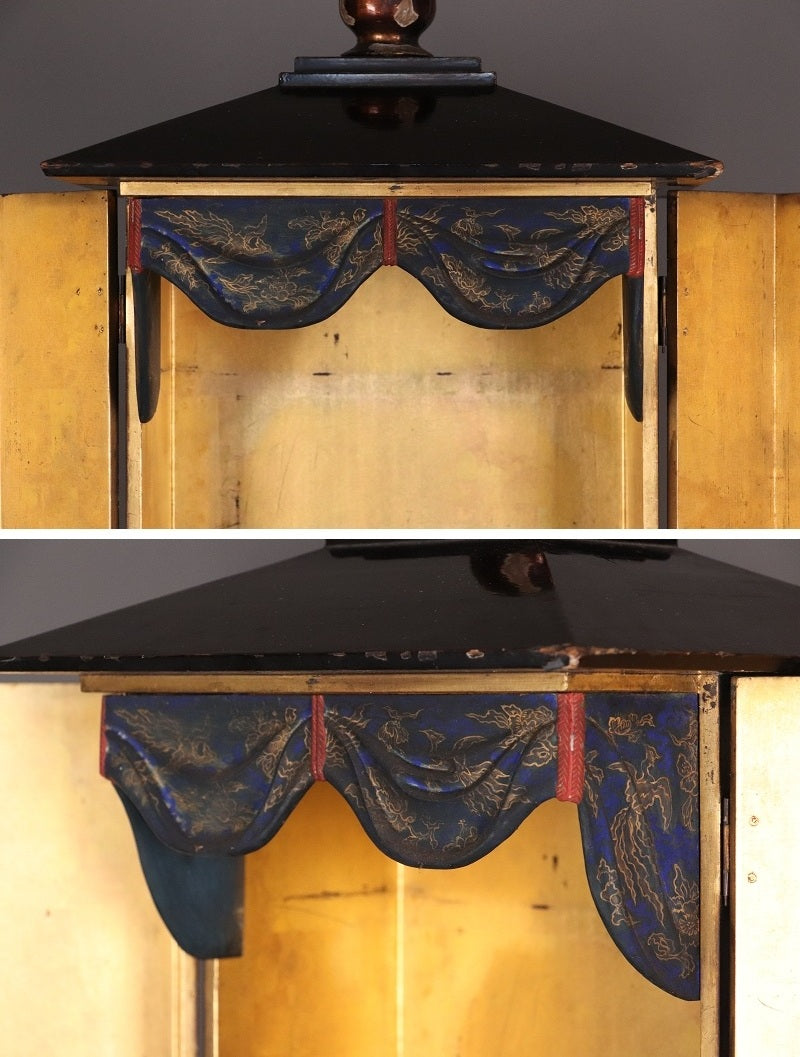 Kobo Daishi (Kukai) Seated Zushi Shrine — Polychrome Wood Portable Altar, Early-Modern Japan, Temple Provenance Style, 48cm Zushi Cabinet