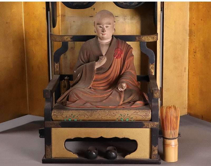 Kobo Daishi (Kukai) Seated Zushi Shrine — Polychrome Wood Portable Altar, Early-Modern Japan, Temple Provenance Style, 48cm Zushi Cabinet