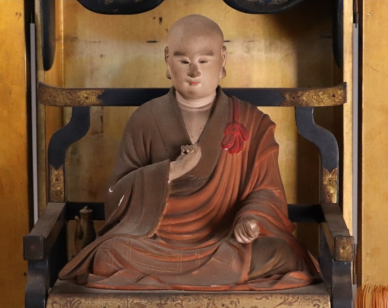 Kobo Daishi (Kukai) Seated Zushi Shrine — Polychrome Wood Portable Altar, Early-Modern Japan, Temple Provenance Style, 48cm Zushi Cabinet