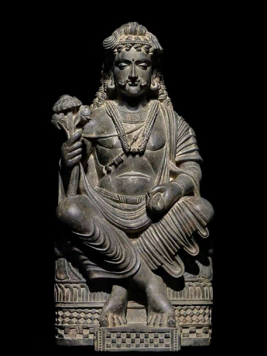 Kushan-Era Gandhara Grey Schist Bodhisattva Sculpture, Seated Lotus Bearer, Museum-Scale 77cm Stone Figure (Central Asia, 2nd–3rd c.)