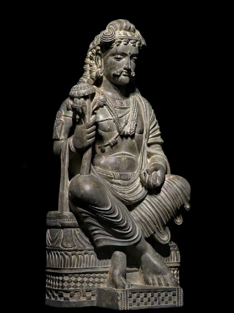 Kushan-Era Gandhara Grey Schist Bodhisattva Sculpture, Seated Lotus Bearer, Museum-Scale 77cm Stone Figure (Central Asia, 2nd–3rd c.)
