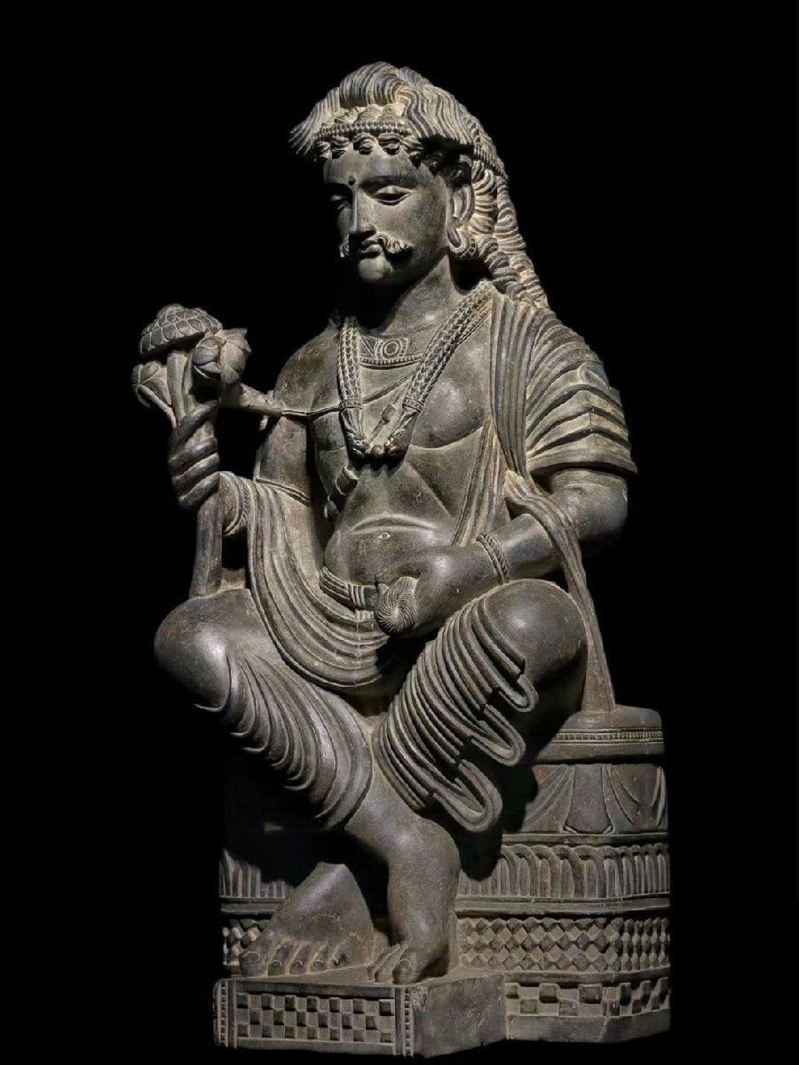 Kushan-Era Gandhara Grey Schist Bodhisattva Sculpture, Seated Lotus Bearer, Museum-Scale 77cm Stone Figure (Central Asia, 2nd–3rd c.)