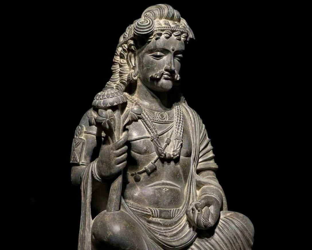 Kushan-Era Gandhara Grey Schist Bodhisattva Sculpture, Seated Lotus Bearer, Museum-Scale 77cm Stone Figure (Central Asia, 2nd–3rd c.)