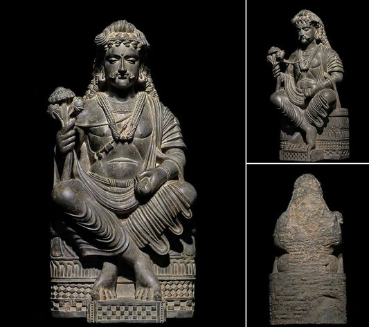 Kushan-Era Gandhara Grey Schist Bodhisattva Sculpture, Seated Lotus Bearer, Museum-Scale 77cm Stone Figure (Central Asia, 2nd–3rd c.)
