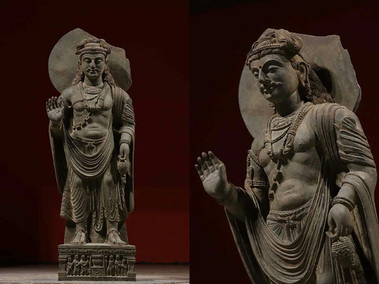 Kushan-Era Gandhara Grey Schist Standing Bodhisattva (Maitreya-Type), Abhaya Gesture, Relief Base Narrative, Monumental 107cm Stone Sculpture (2nd–3rd c.)