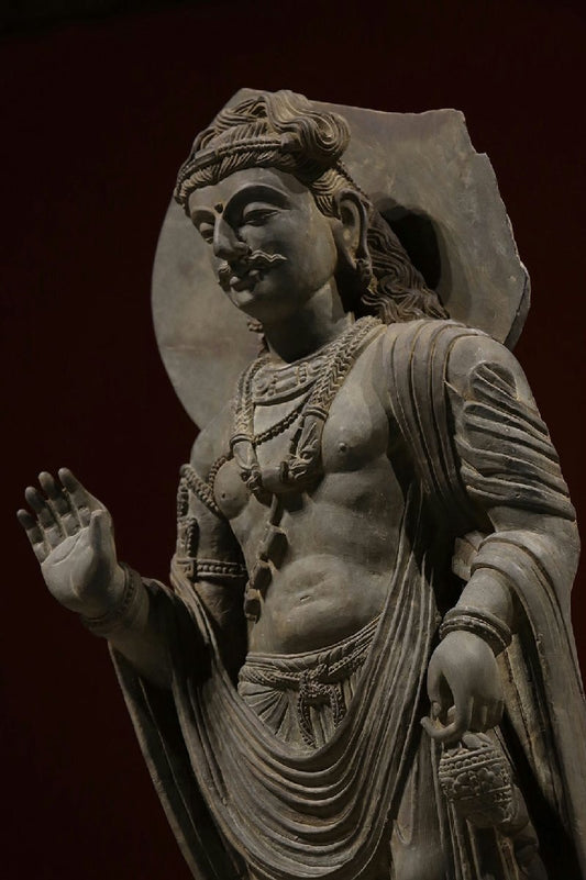 Kushan-Era Gandhara Grey Schist Standing Bodhisattva (Maitreya-Type), Abhaya Gesture, Relief Base Narrative, Monumental 107cm Stone Sculpture (2nd–3rd c.)