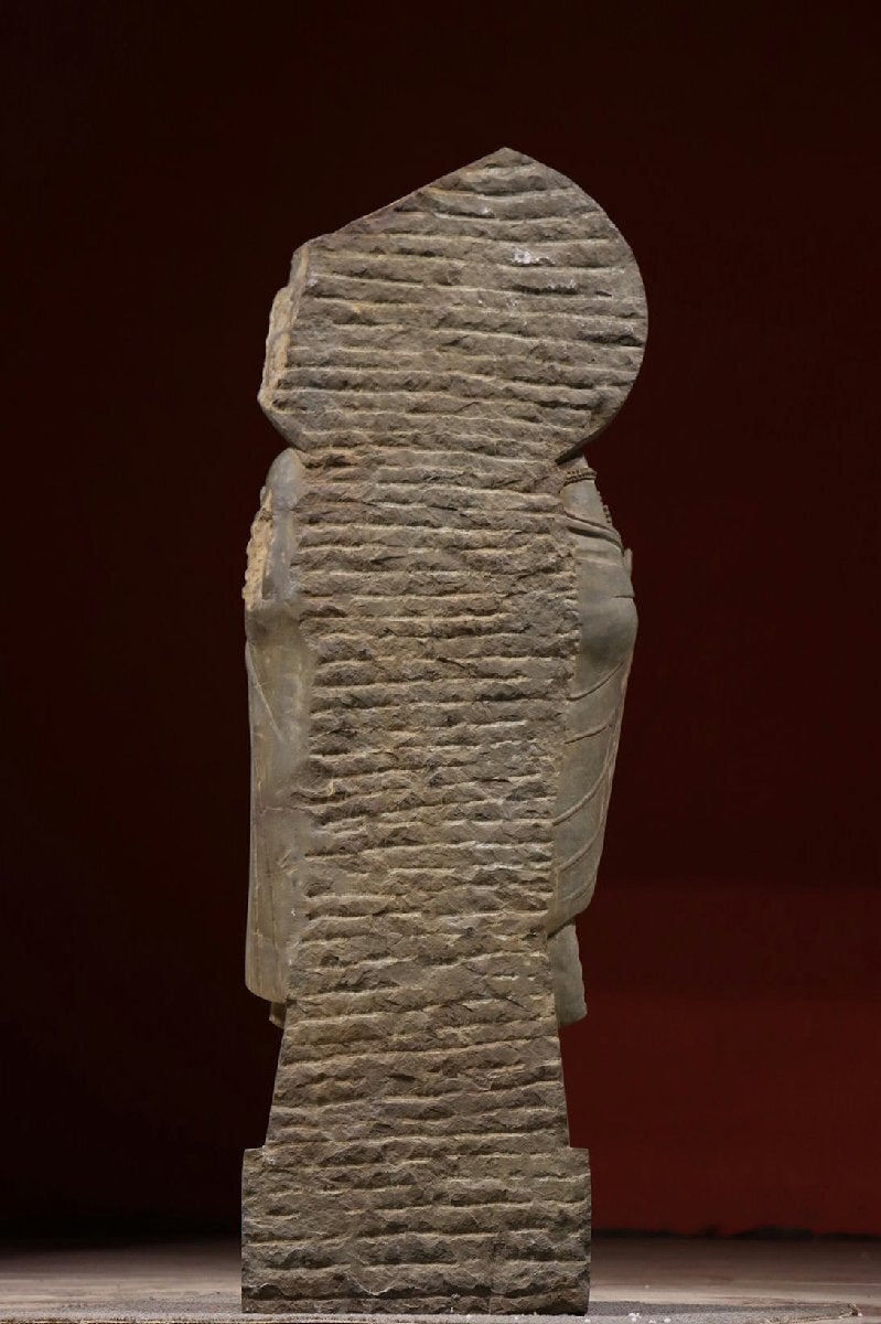 Kushan-Era Gandhara Grey Schist Standing Bodhisattva (Maitreya-Type), Abhaya Gesture, Relief Base Narrative, Monumental 107cm Stone Sculpture (2nd–3rd c.)