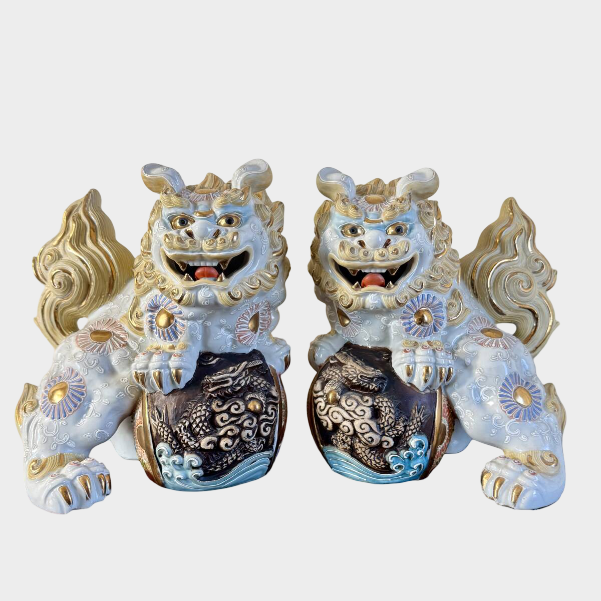 Kutani Shishi Guardian Lion Pair Large Japanese Polychrome Ceramic Foo Dogs Interior Decor