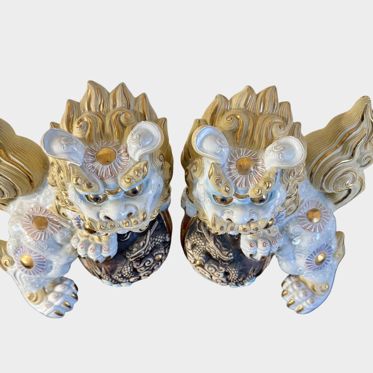 Kutani Shishi Guardian Lion Pair Large Japanese Polychrome Ceramic Foo Dogs Interior Decor