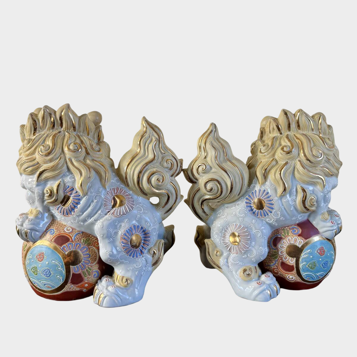 Kutani Shishi Guardian Lion Pair Large Japanese Polychrome Ceramic Foo Dogs Interior Decor