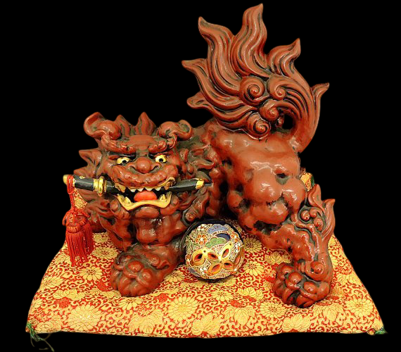 Kutani Ware Guardian Lion with Sacred Jewel — Monumental 37cm Shishi Koma Inu Figure on Brocade Cushion — Early 20th‑Century Japanese Folk Sculpture