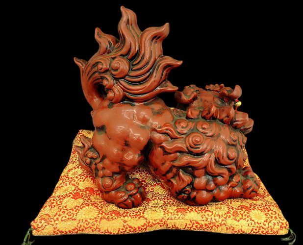 Kutani Ware Guardian Lion with Sacred Jewel — Monumental 37cm Shishi Koma Inu Figure on Brocade Cushion — Early 20th‑Century Japanese Folk Sculpture