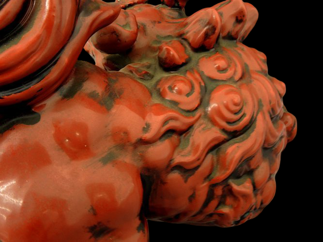 Kutani Ware Guardian Lion with Sacred Jewel — Monumental 37cm Shishi Koma Inu Figure on Brocade Cushion — Early 20th‑Century Japanese Folk Sculpture