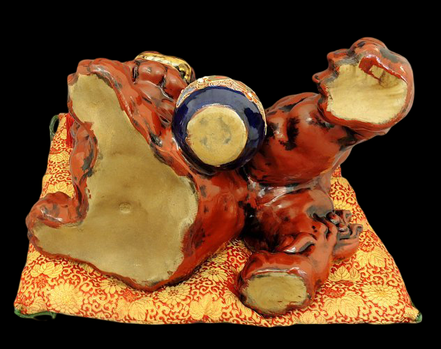 Kutani Ware Guardian Lion with Sacred Jewel — Monumental 37cm Shishi Koma Inu Figure on Brocade Cushion — Early 20th‑Century Japanese Folk Sculpture