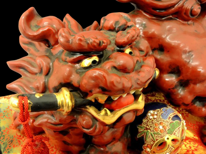 Kutani Ware Guardian Lion with Sacred Jewel — Monumental 37cm Shishi Koma Inu Figure on Brocade Cushion — Early 20th‑Century Japanese Folk Sculpture