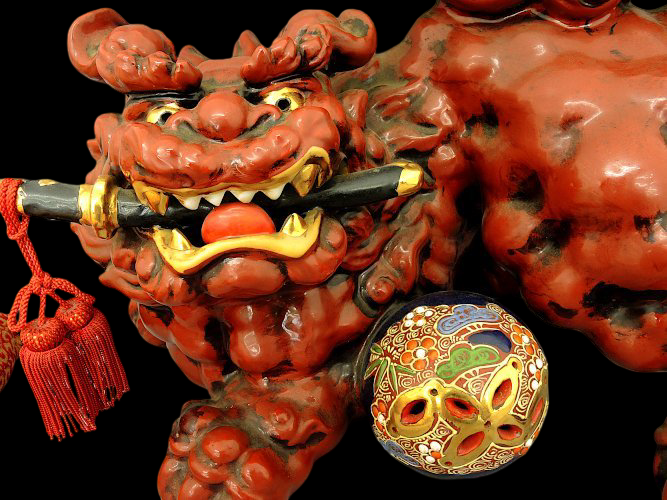 Kutani Ware Guardian Lion with Sacred Jewel — Monumental 37cm Shishi Koma Inu Figure on Brocade Cushion — Early 20th‑Century Japanese Folk Sculpture