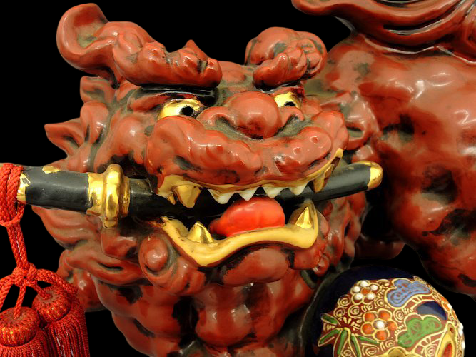 Kutani Ware Guardian Lion with Sacred Jewel — Monumental 37cm Shishi Koma Inu Figure on Brocade Cushion — Early 20th‑Century Japanese Folk Sculpture