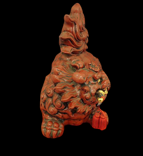 Kutani Ware Guardian Lion with Sacred Jewel — Monumental 37cm Shishi Koma Inu Figure on Brocade Cushion — Early 20th‑Century Japanese Folk Sculpture