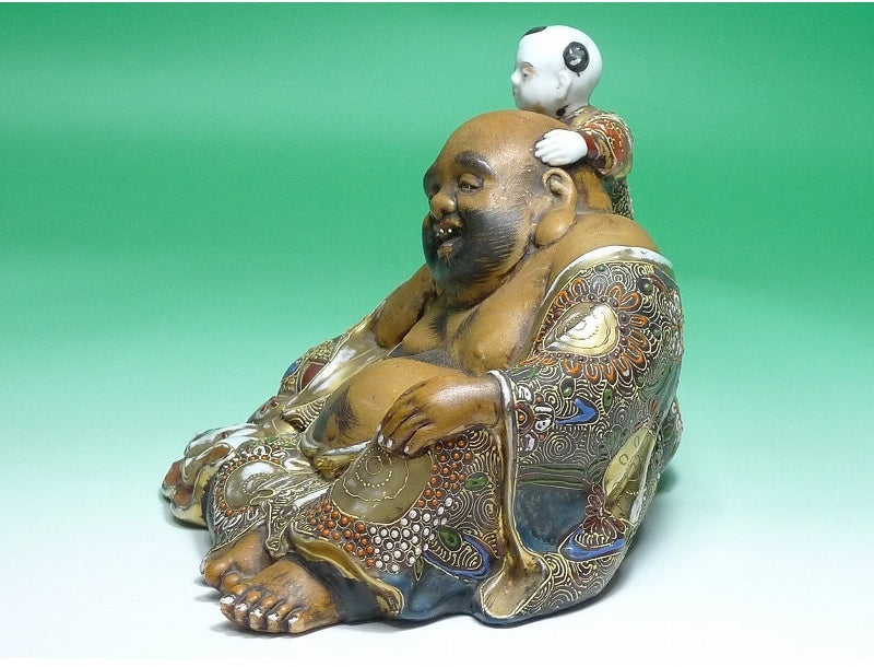 Kutani Ware Hotei with Karako Figure | Seven Gods of Fortune | Gilded Polychrome Ceramic Group Sculpture
