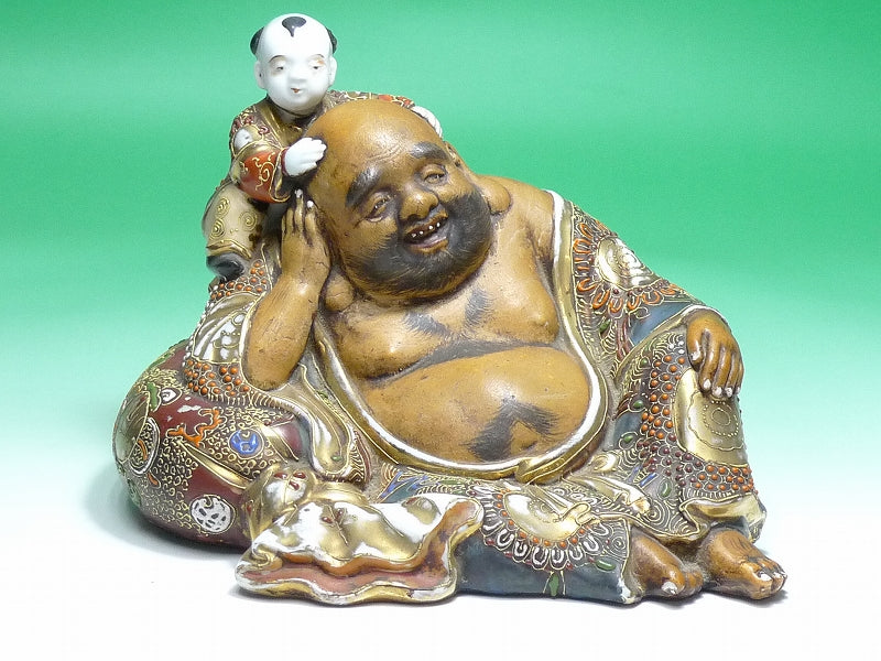 Kutani Ware Hotei with Karako Figure | Seven Gods of Fortune | Gilded Polychrome Ceramic Group Sculpture