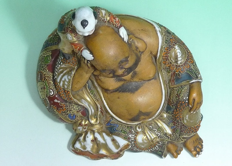 Kutani Ware Hotei with Karako Figure | Seven Gods of Fortune | Gilded Polychrome Ceramic Group Sculpture