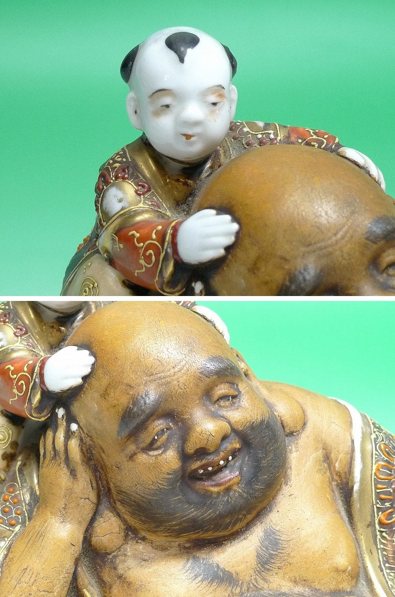 Kutani Ware Hotei with Karako Figure | Seven Gods of Fortune | Gilded Polychrome Ceramic Group Sculpture