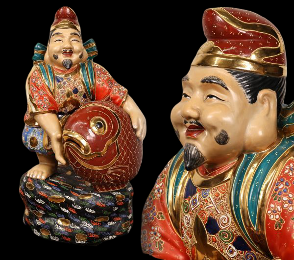 Monumental Kutani Ware Ebisu — Shichifukujin Fortune Deity | Large Polychrome Ceramic Sculpture | Japan