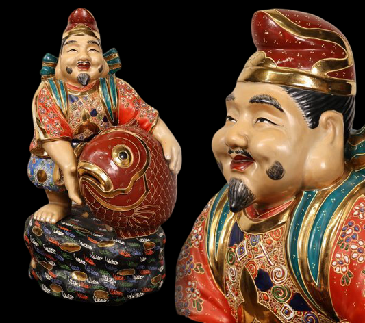 Monumental Kutani Ware Ebisu — Shichifukujin Fortune Deity | Large Polychrome Ceramic Sculpture | Japan