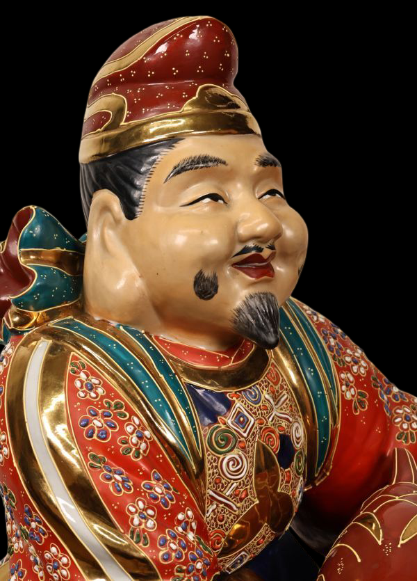 Monumental Kutani Ware Ebisu — Shichifukujin Fortune Deity | Large Polychrome Ceramic Sculpture | Japan