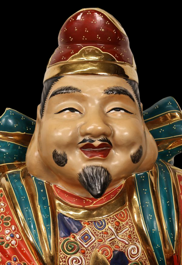 Monumental Kutani Ware Ebisu — Shichifukujin Fortune Deity | Large Polychrome Ceramic Sculpture | Japan