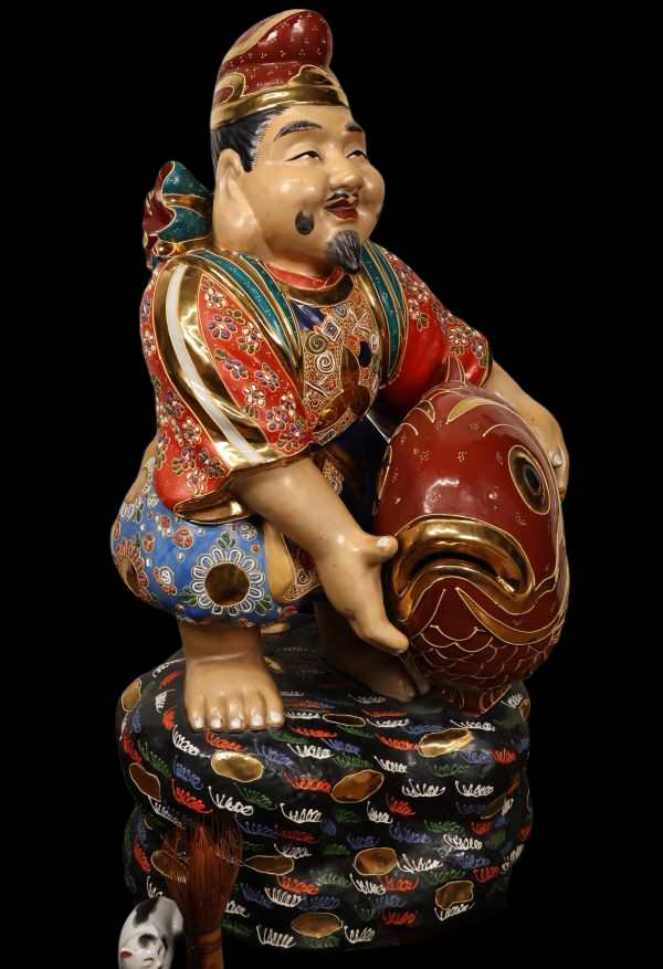 Monumental Kutani Ware Ebisu — Shichifukujin Fortune Deity | Large Polychrome Ceramic Sculpture | Japan