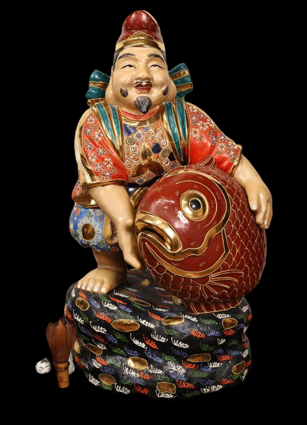 Monumental Kutani Ware Ebisu — Shichifukujin Fortune Deity | Large Polychrome Ceramic Sculpture | Japan