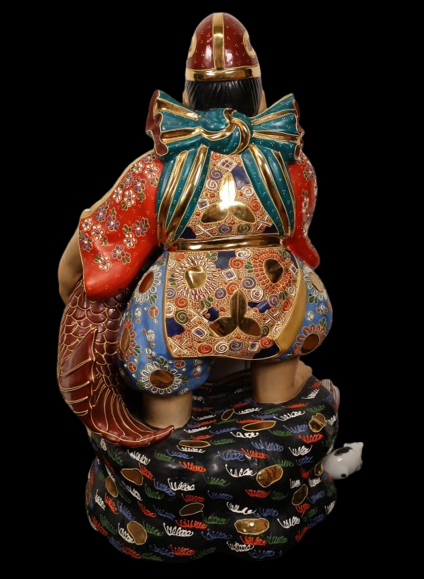 Monumental Kutani Ware Ebisu — Shichifukujin Fortune Deity | Large Polychrome Ceramic Sculpture | Japan
