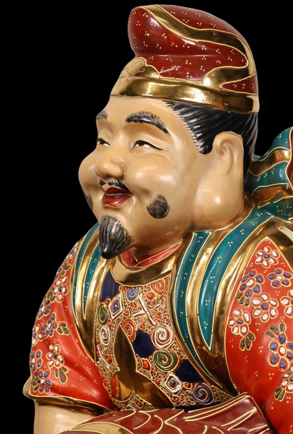 Monumental Kutani Ware Ebisu — Shichifukujin Fortune Deity | Large Polychrome Ceramic Sculpture | Japan