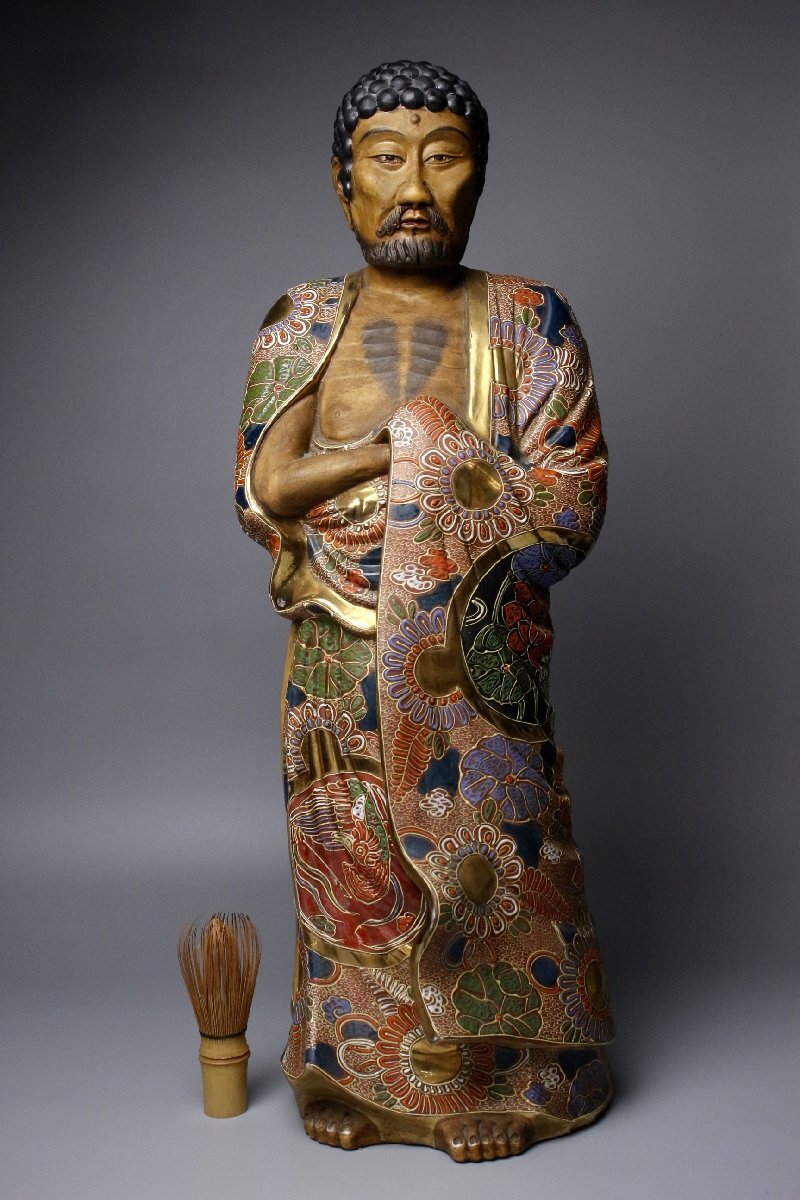 Kutani Ware Polychrome & Gilt Rakan Statue (Luohan) — Monumental 62 cm — Japanese Buddhist Sculpture