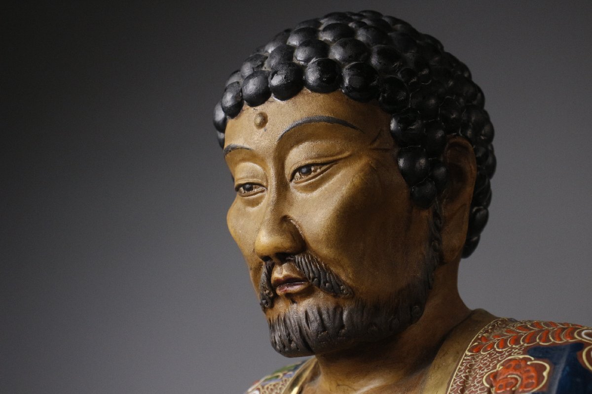 Kutani Ware Polychrome & Gilt Rakan Statue (Luohan) — Monumental 62 cm — Japanese Buddhist Sculpture