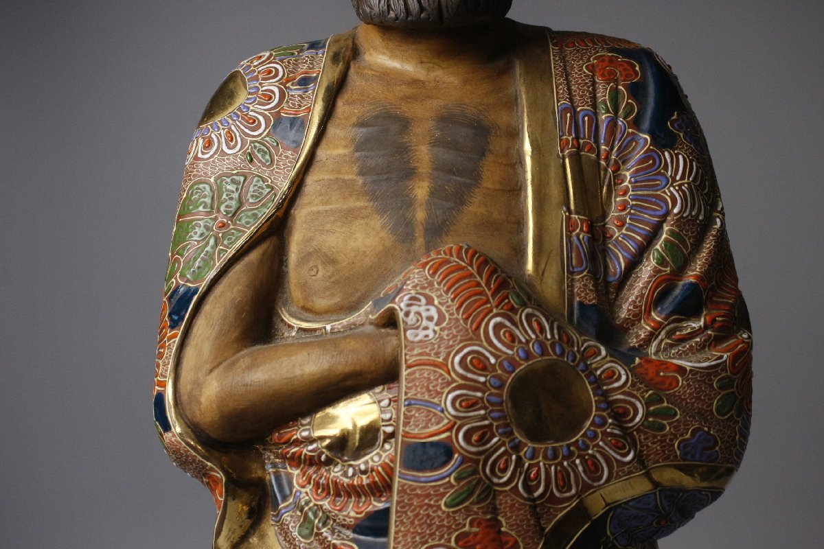 Kutani Ware Polychrome & Gilt Rakan Statue (Luohan) — Monumental 62 cm — Japanese Buddhist Sculpture